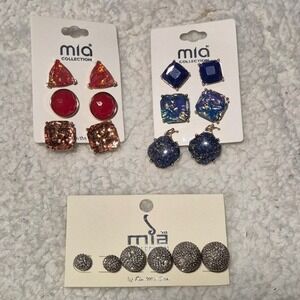 Mia Collection  Earring Set Bundle Blue Red Silver Studs 9 Pairs